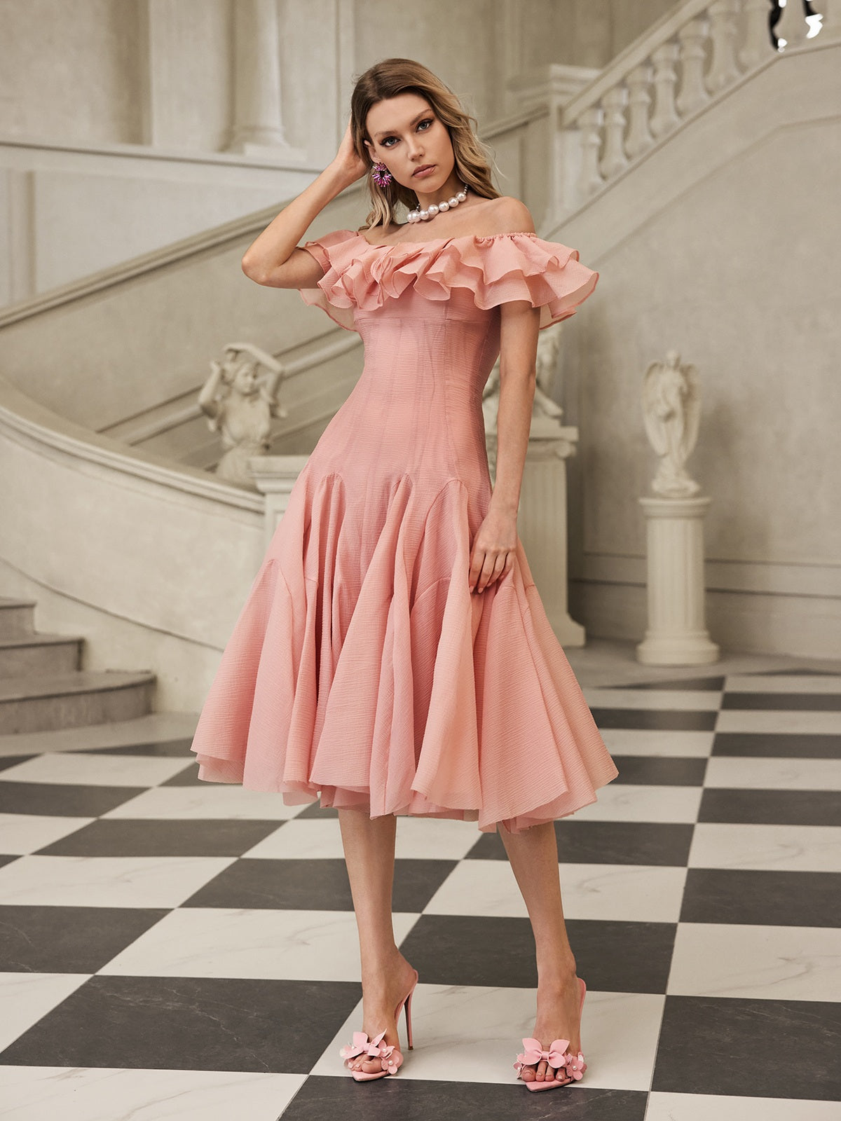 Off Shoulder Ruffle Midi Dress In Pink