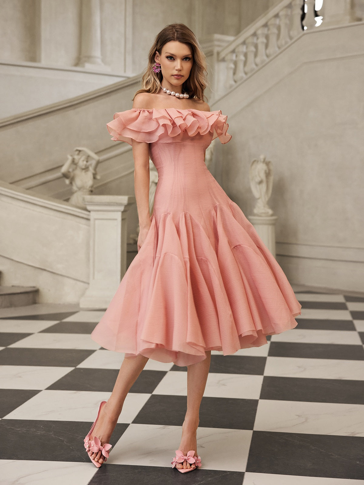 Off Shoulder Ruffle Midi Dress In Pink