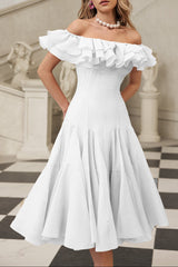Off Shoulder Ruffle Midi Dress In White