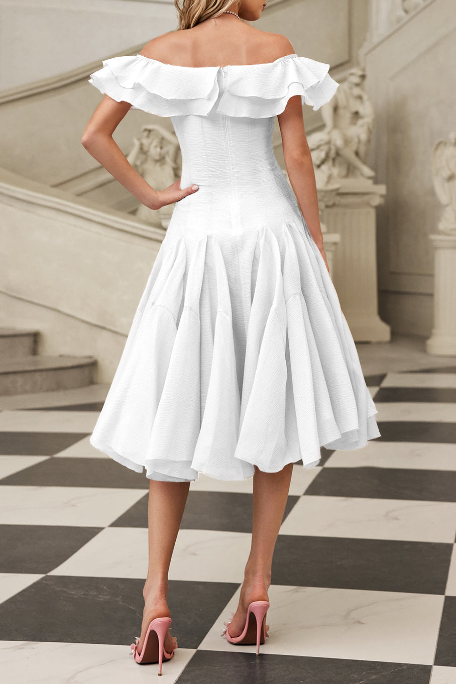 Off Shoulder Ruffle Midi Dress In White