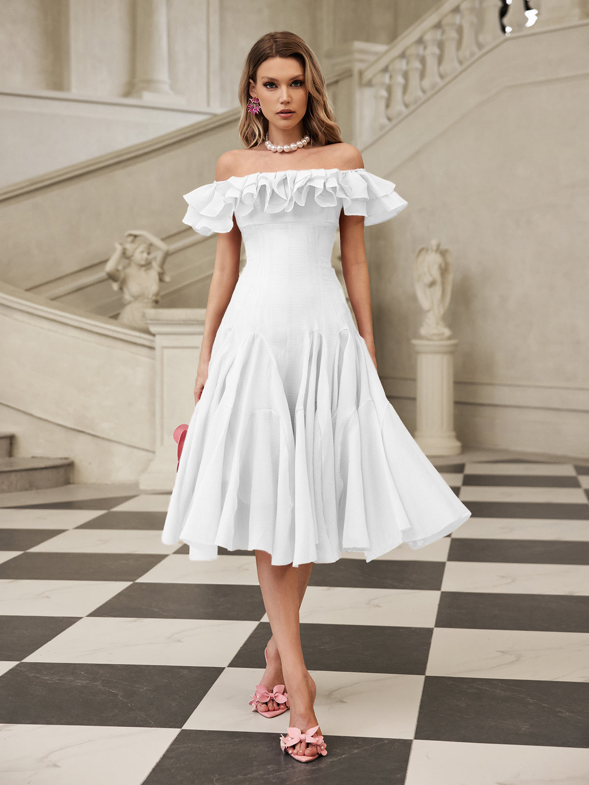 Off Shoulder Ruffle Midi Dress In White