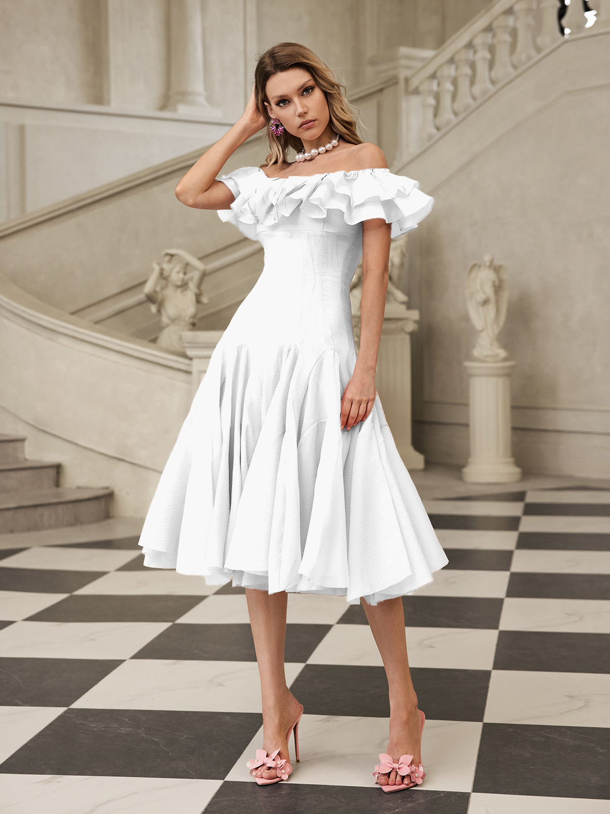 Off Shoulder Ruffle Midi Dress In White