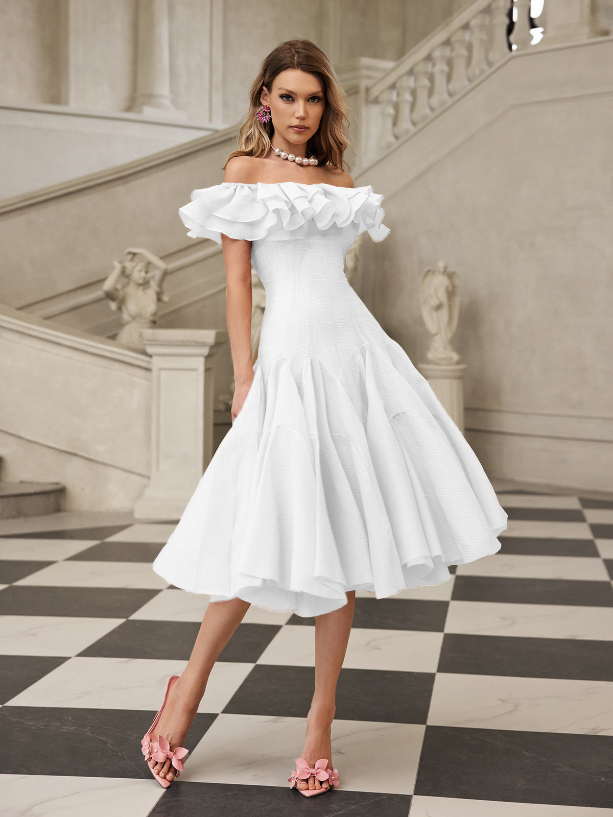 Off Shoulder Ruffle Midi Dress In White
