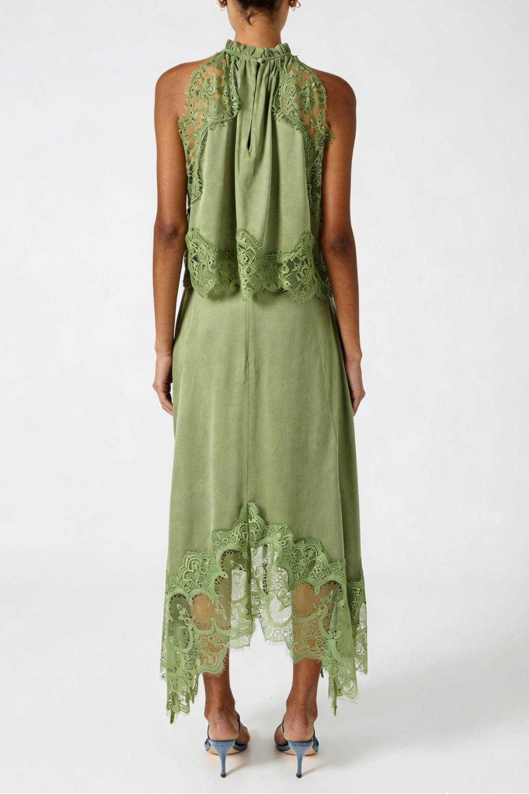 Sleeveless Lace Top & Midi Skirt Set - Green