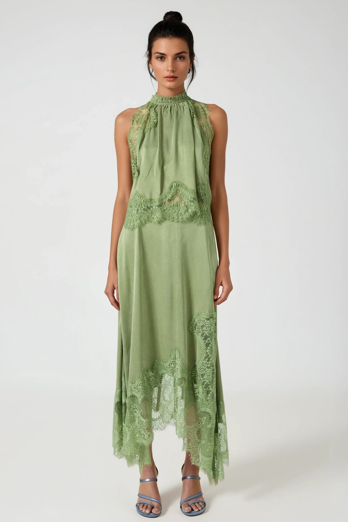Sleeveless Lace Top & Midi Skirt Set - Green