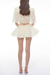 Cream Floral Embroidered Cape & Skirt Set