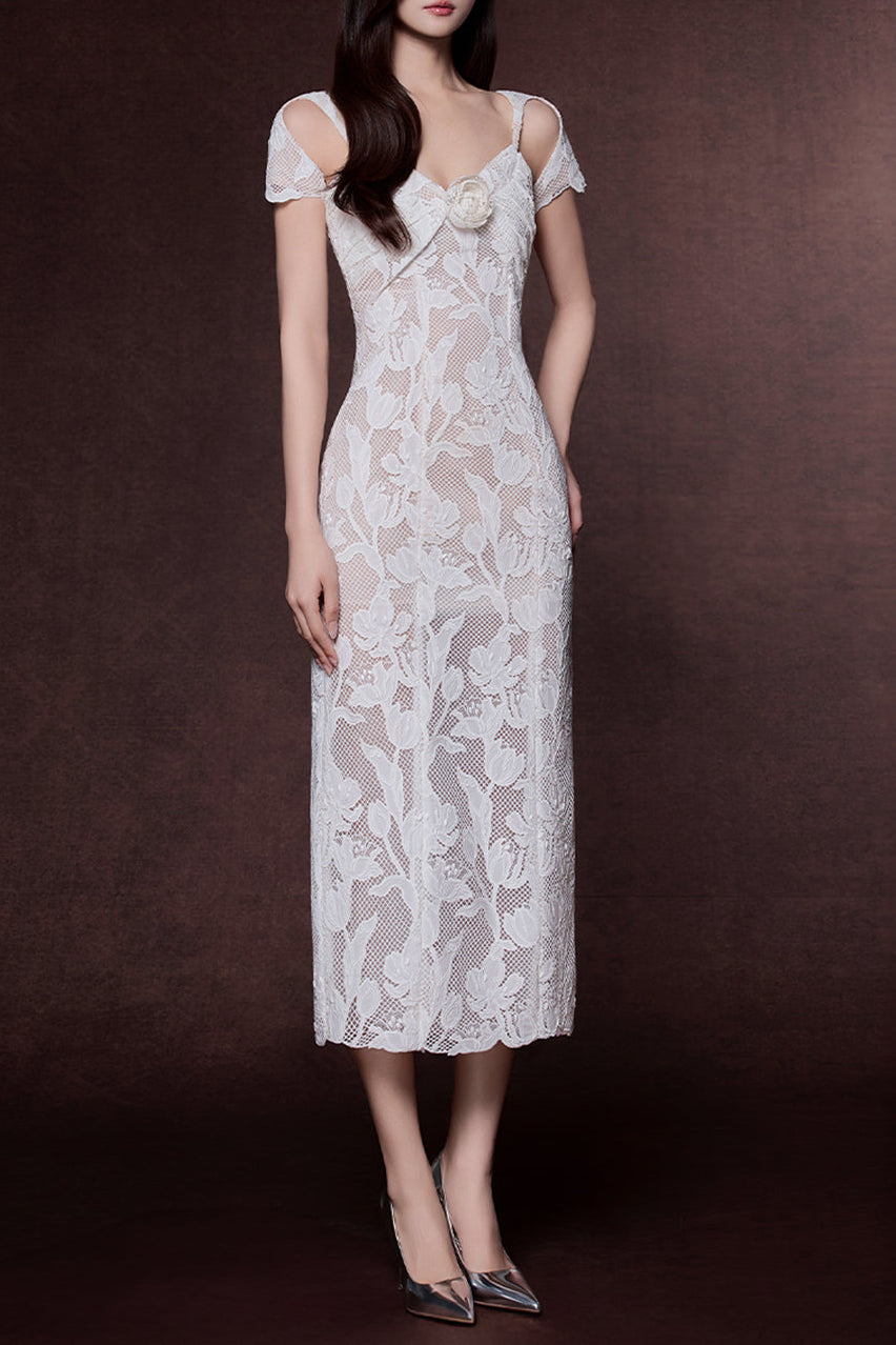 Floral Hollow Lace Midi Dress - White