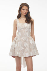 Cream Square Neck Floral Print Mini Dress