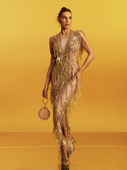 Fringe Sequin Crystal Maxi Dress In Gold