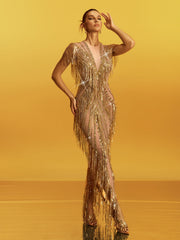 Fringe Sequin Crystal Maxi Dress In Gold