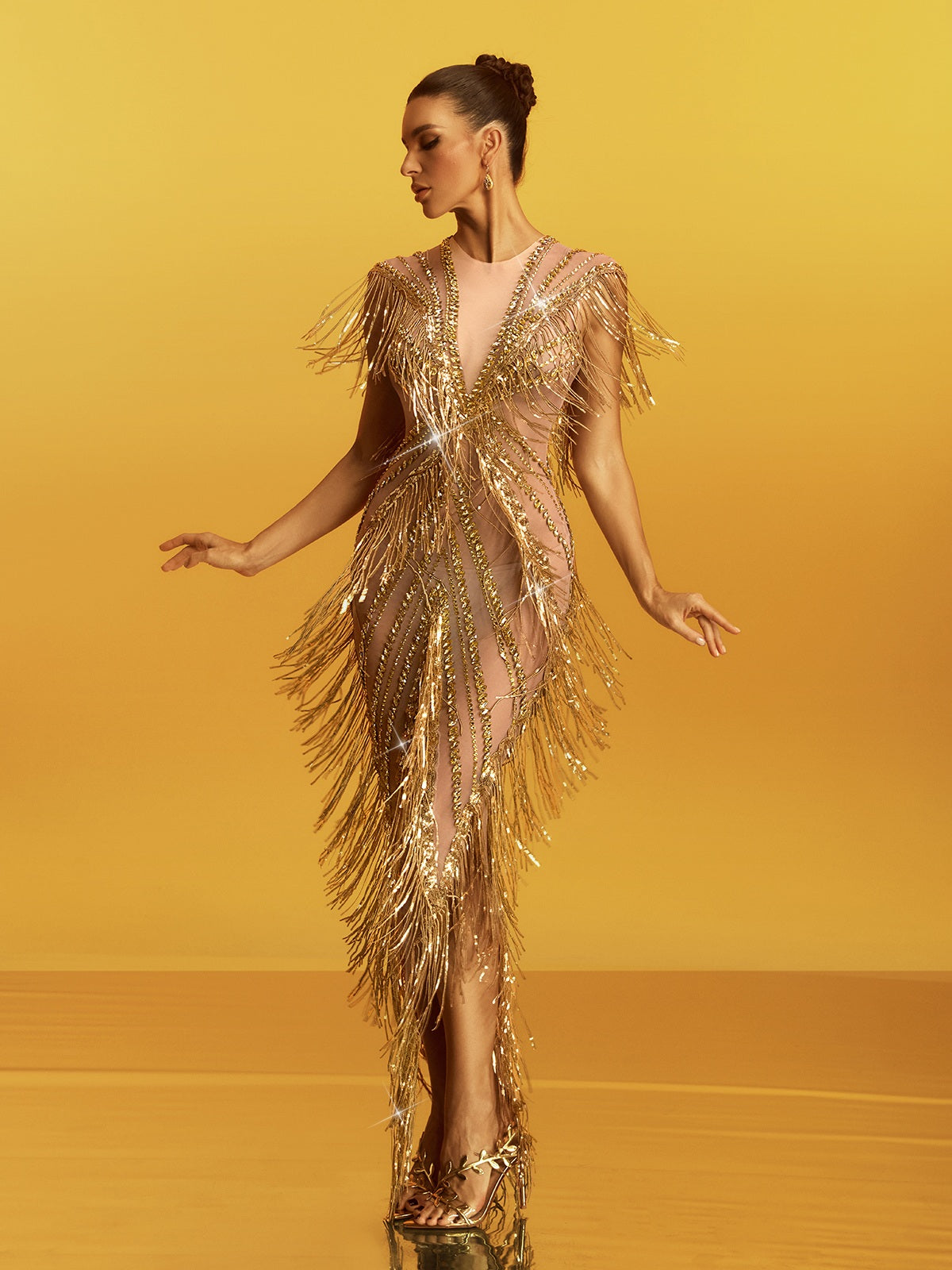 Fringe Sequin Crystal Maxi Dress In Gold