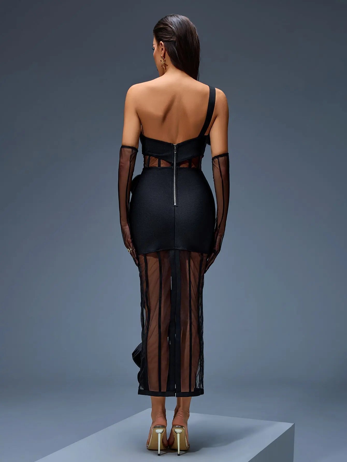 One-Shoulder Bow-Floral Mesh Dress in Black