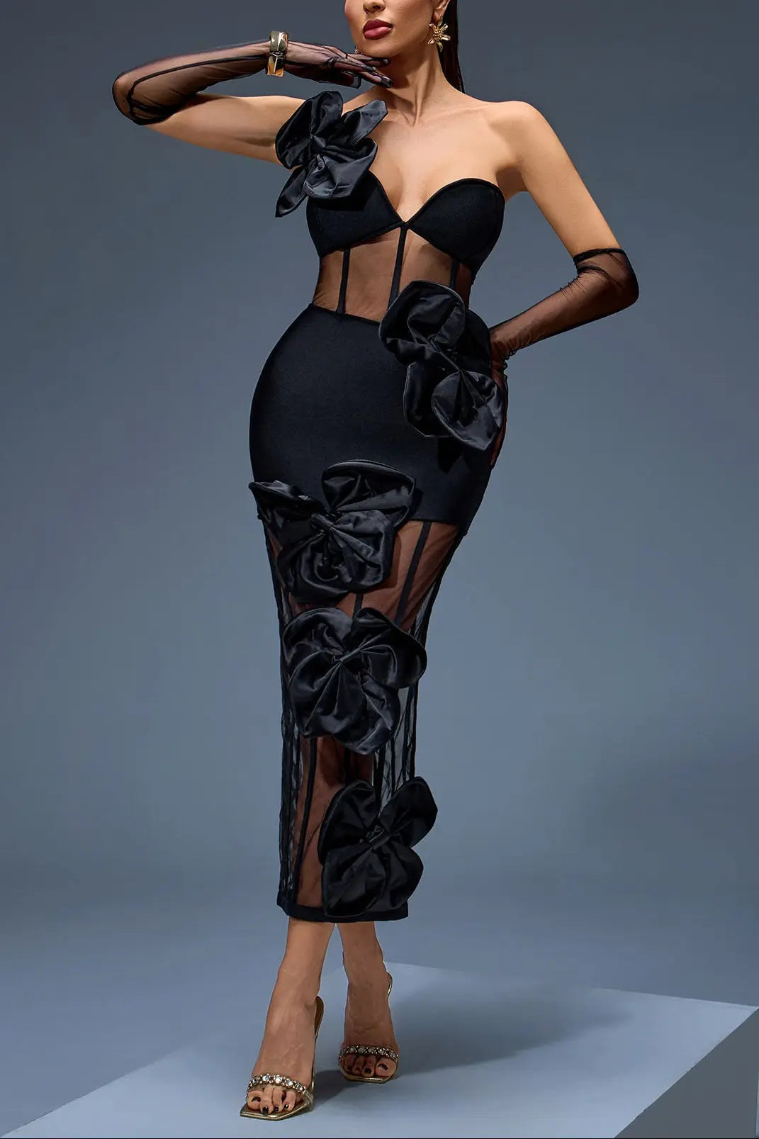 One-Shoulder Bow-Floral Mesh Dress in Black