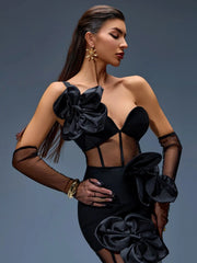 One-Shoulder Bow-Floral Mesh Dress in Black