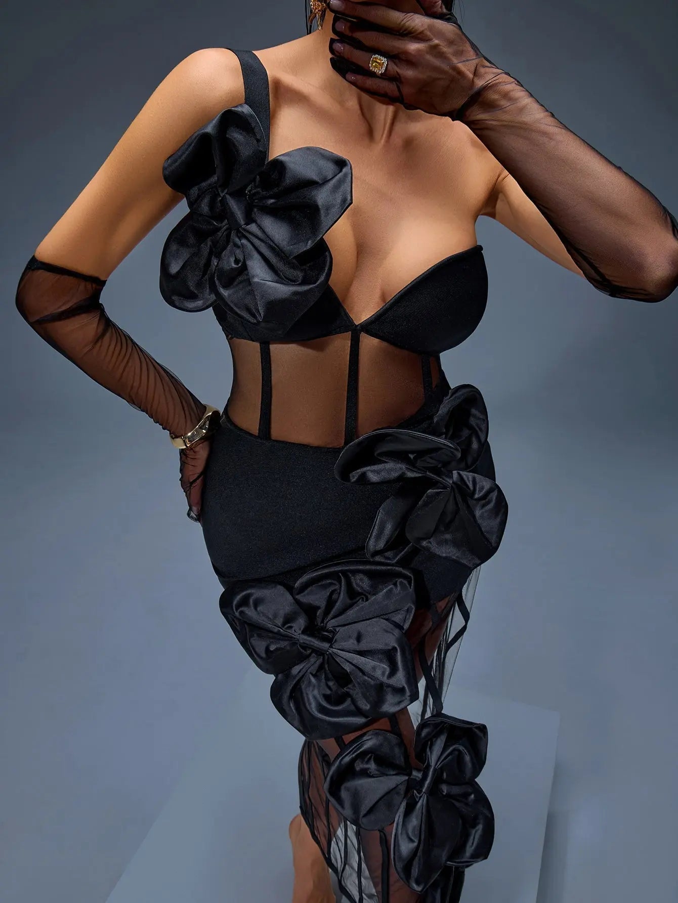 One-Shoulder Bow-Floral Mesh Dress in Black