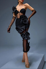 One-Shoulder Bow-Floral Mesh Dress in Black
