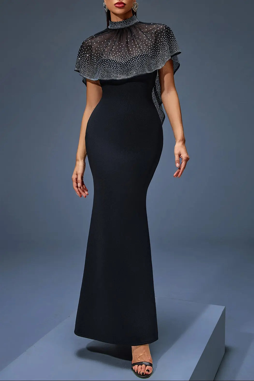 Neck Cape Maxi Dress in Black
