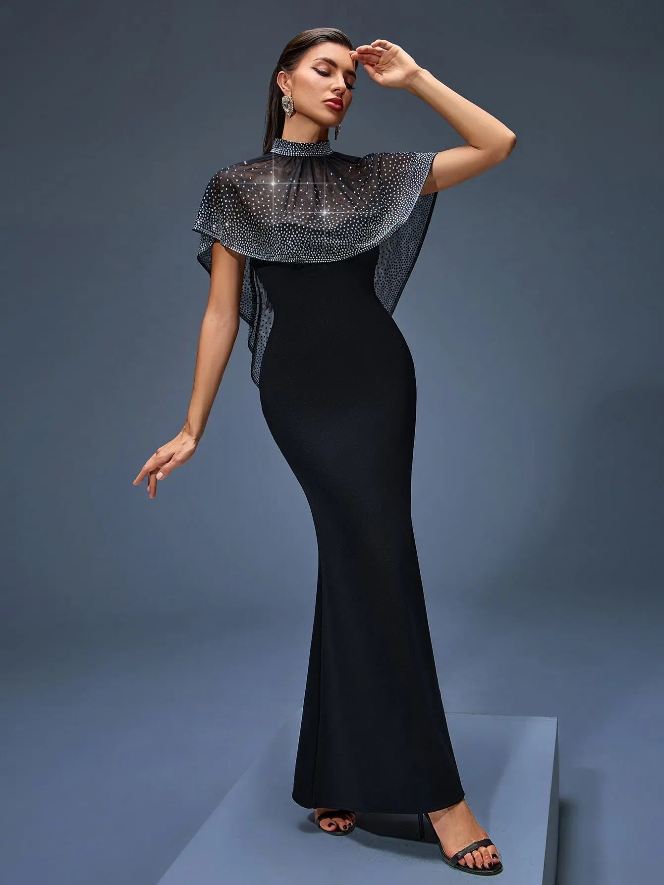 Neck Cape Maxi Dress in Black