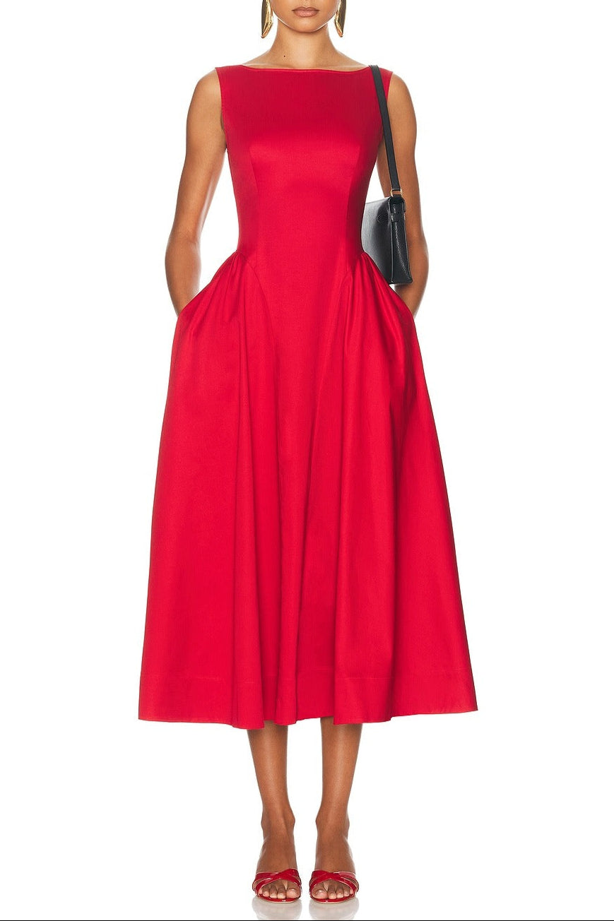Stretch Cotton Sateen Midi Dress in red
