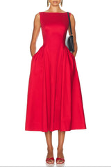 Stretch Cotton Sateen Midi Dress in red