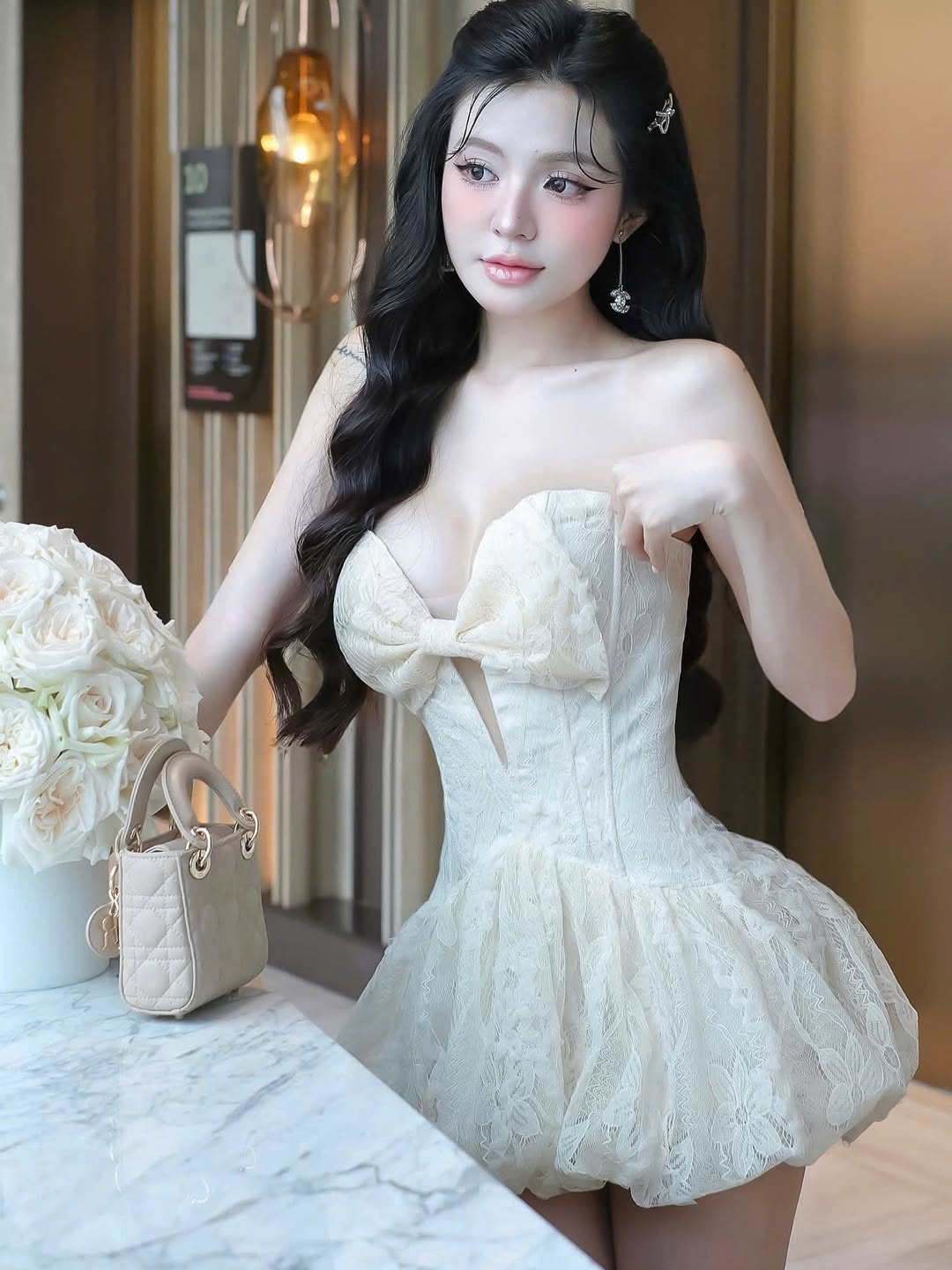 Emma Bowknot Hollow Top Mini Dress in Beige