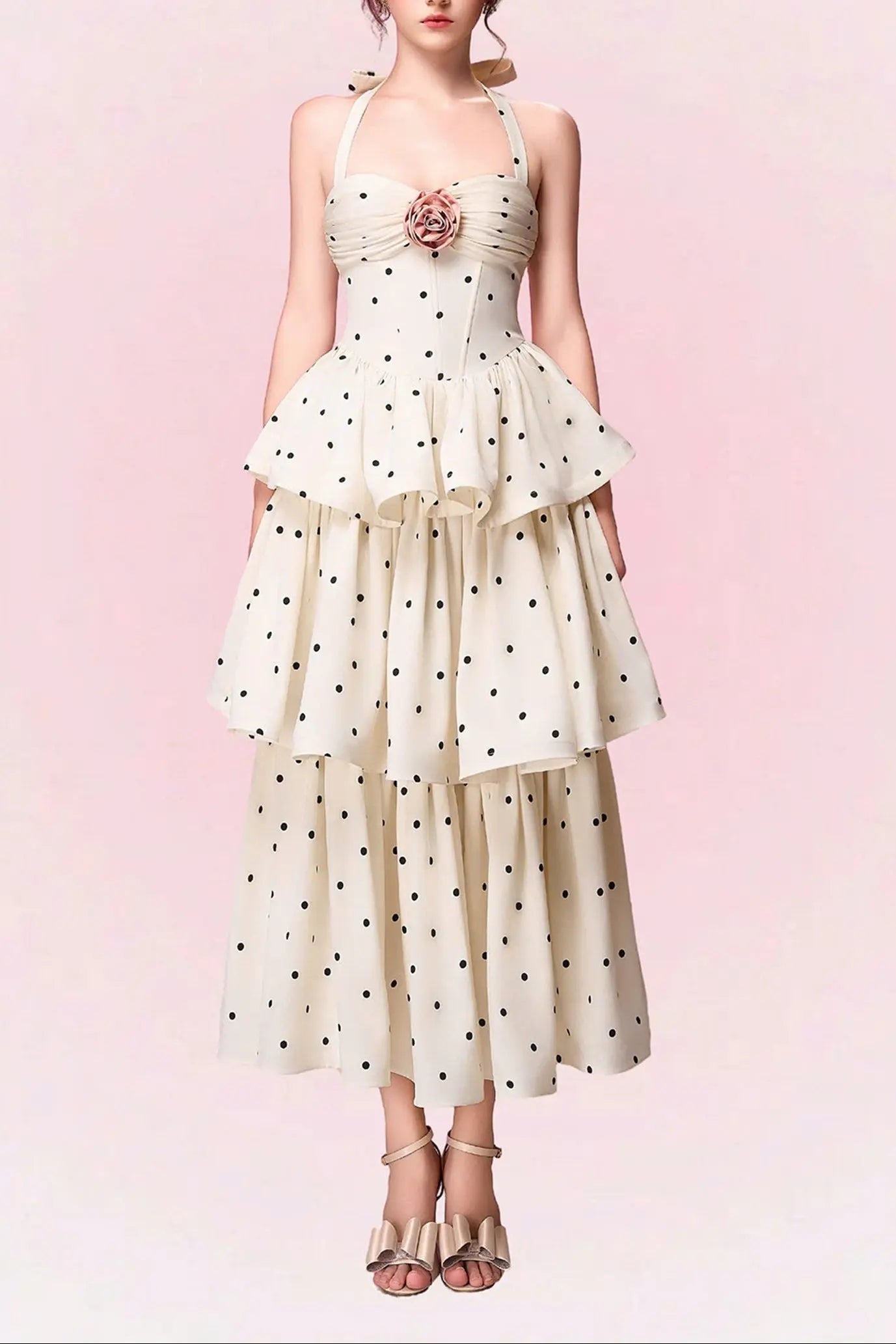 Polka Dots Halter Midi Dress - Apricot