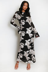 Floral Lace Lined Flute Cuffs Midi Dress