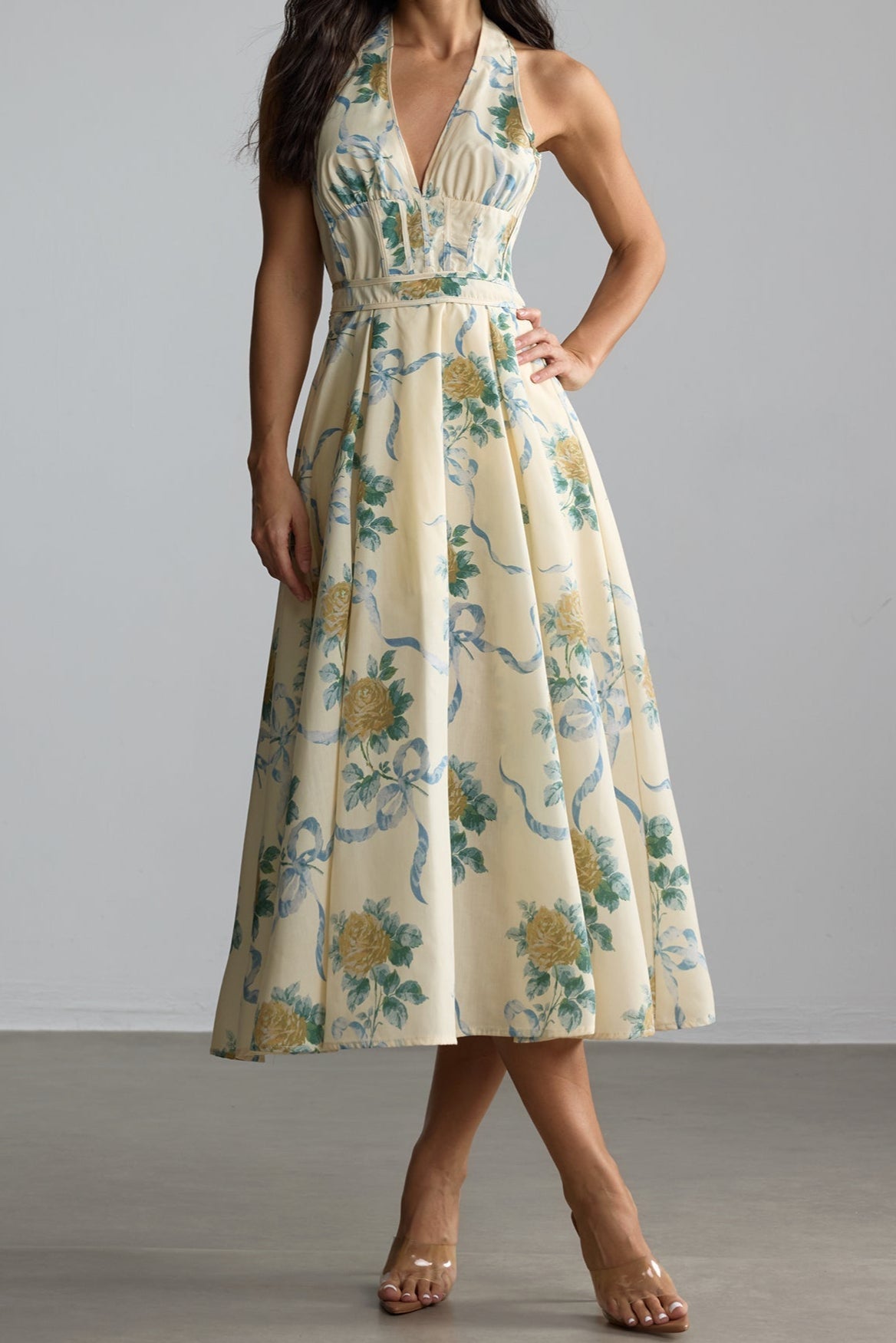 Floral Print Deep V Neck Midi Dress in Yellow
