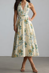 Floral Print Deep V Neck Midi Dress in Yellow