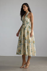 Floral Print Deep V Neck Midi Dress in Yellow