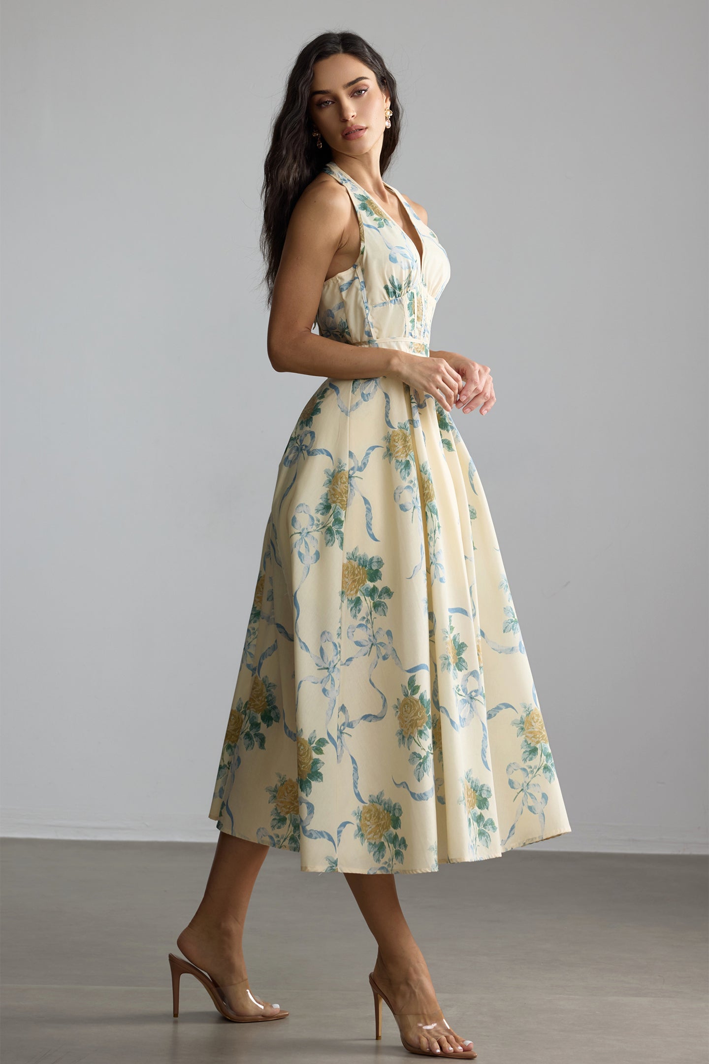 Floral Print Deep V Neck Midi Dress in Yellow