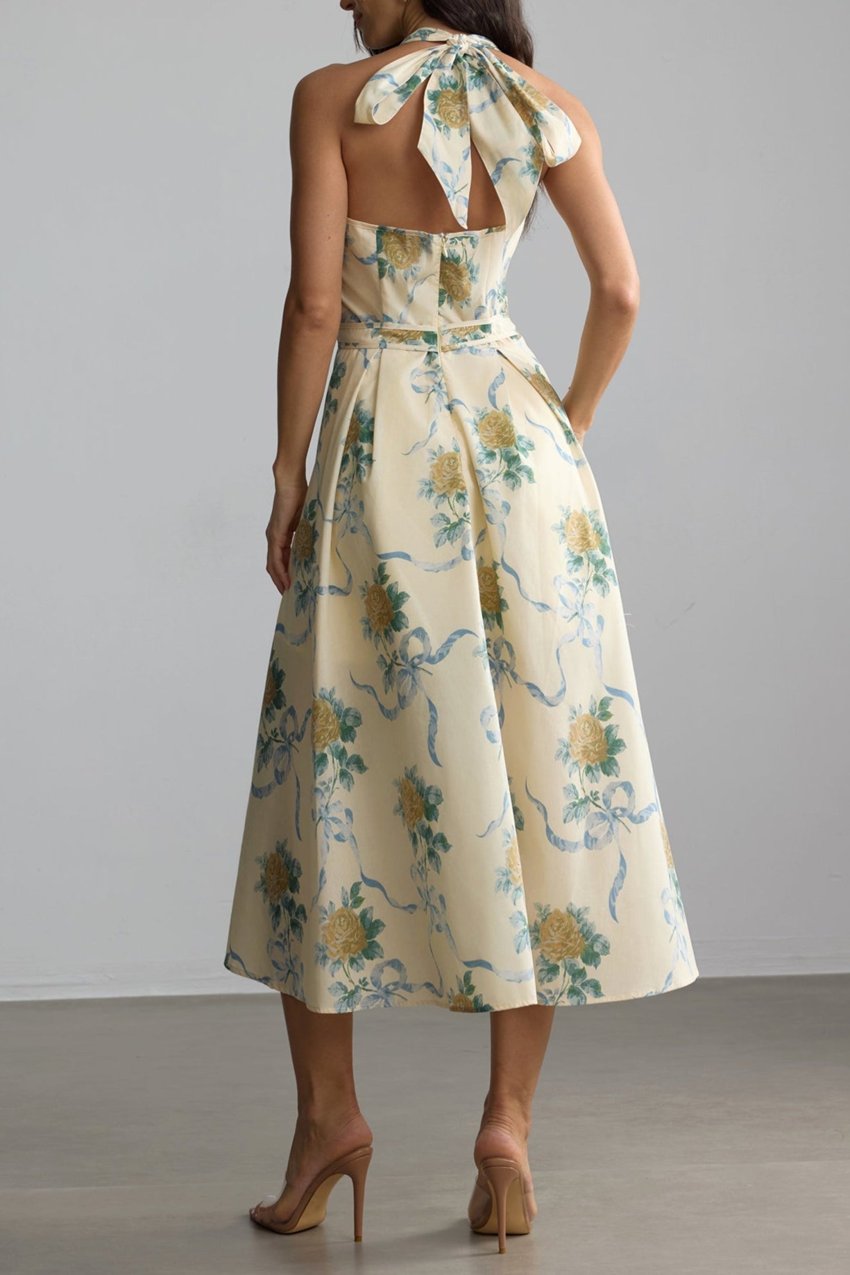 Floral Print Deep V Neck Midi Dress in Yellow