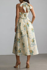 Floral Print Deep V Neck Midi Dress in Yellow