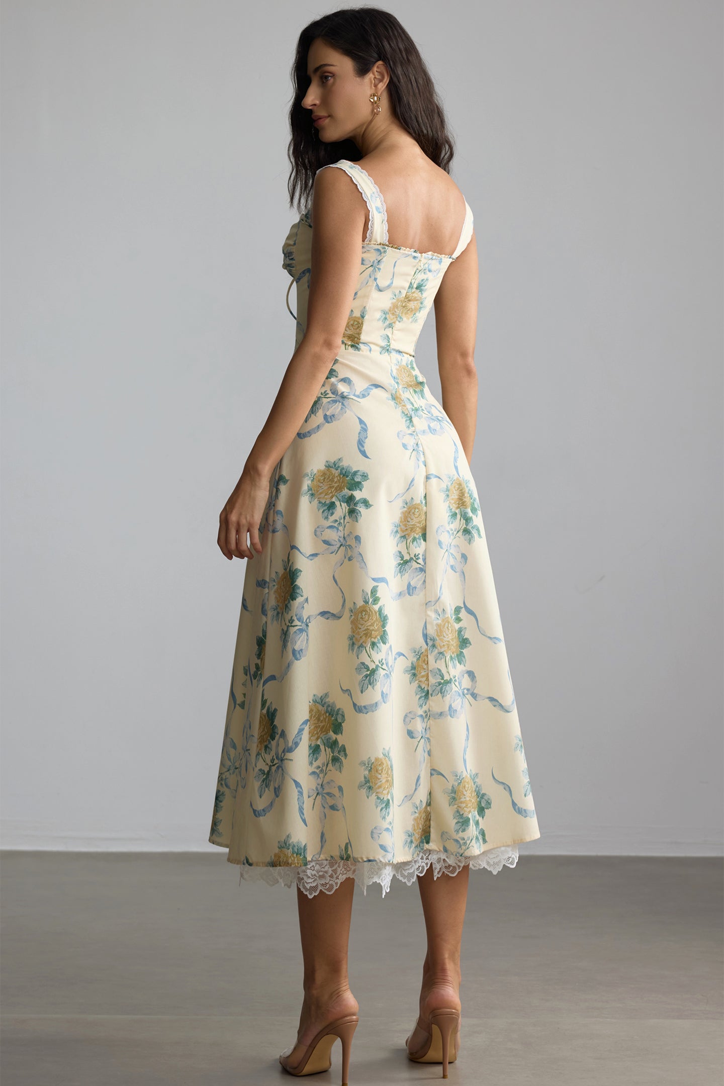 Floral Print Sweetheart Midi Dress in Yellow