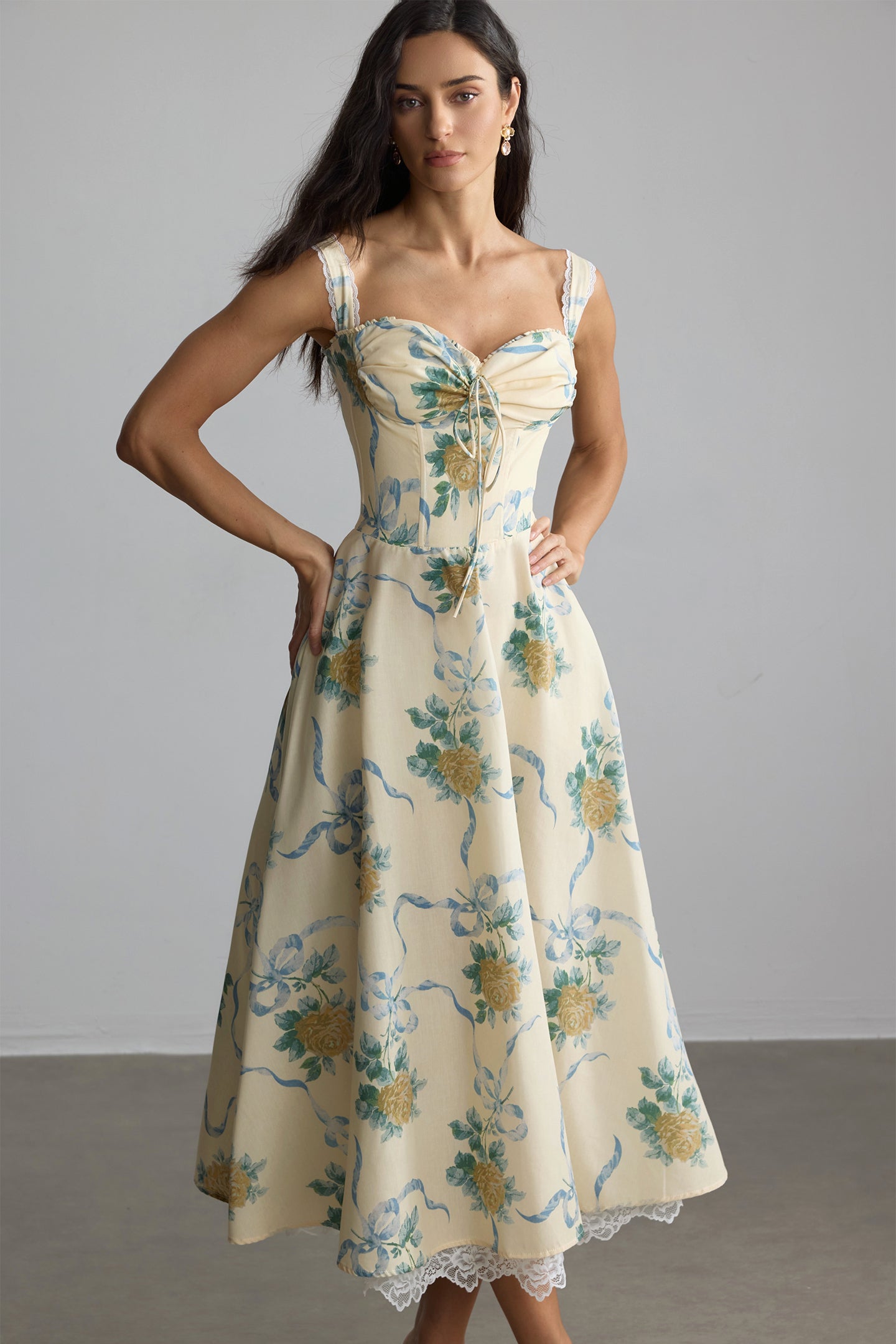 Floral Print Sweetheart Midi Dress in Yellow