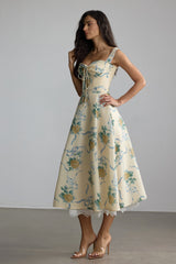 Floral Print Sweetheart Midi Dress in Yellow