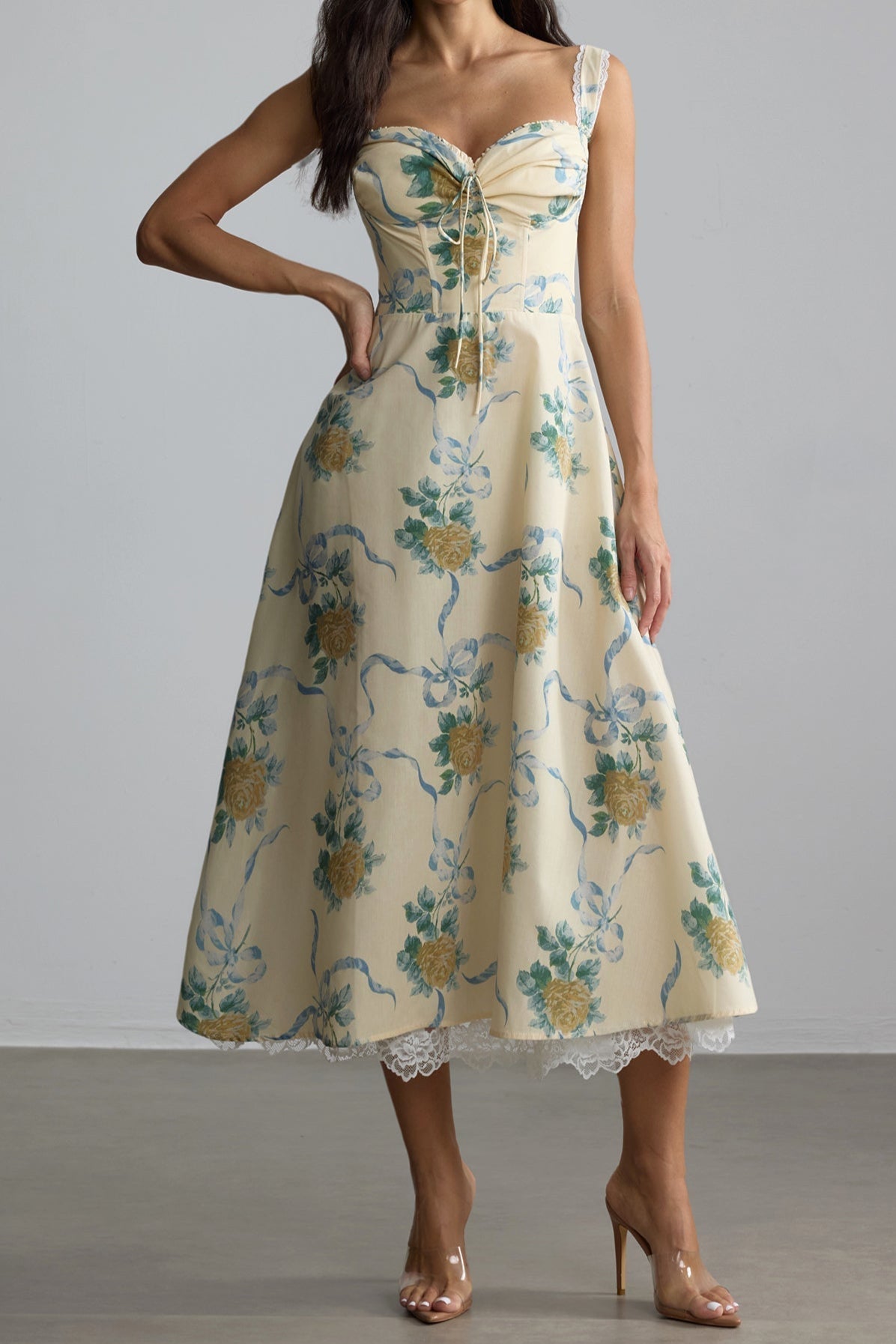 Floral Print Sweetheart Midi Dress in Yellow
