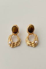 Tiger Eye Stone Hollow Gold Drop Earrings
