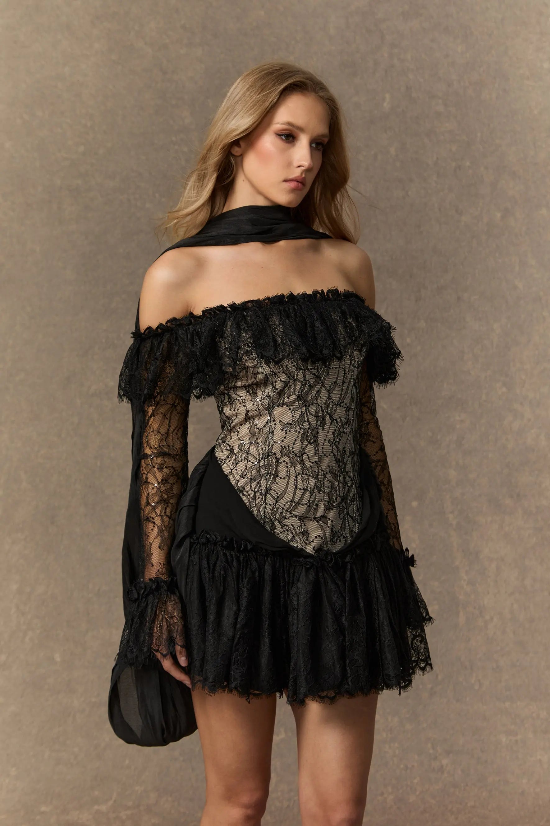 Black Off Shoulder Lace Corset Mini Dress