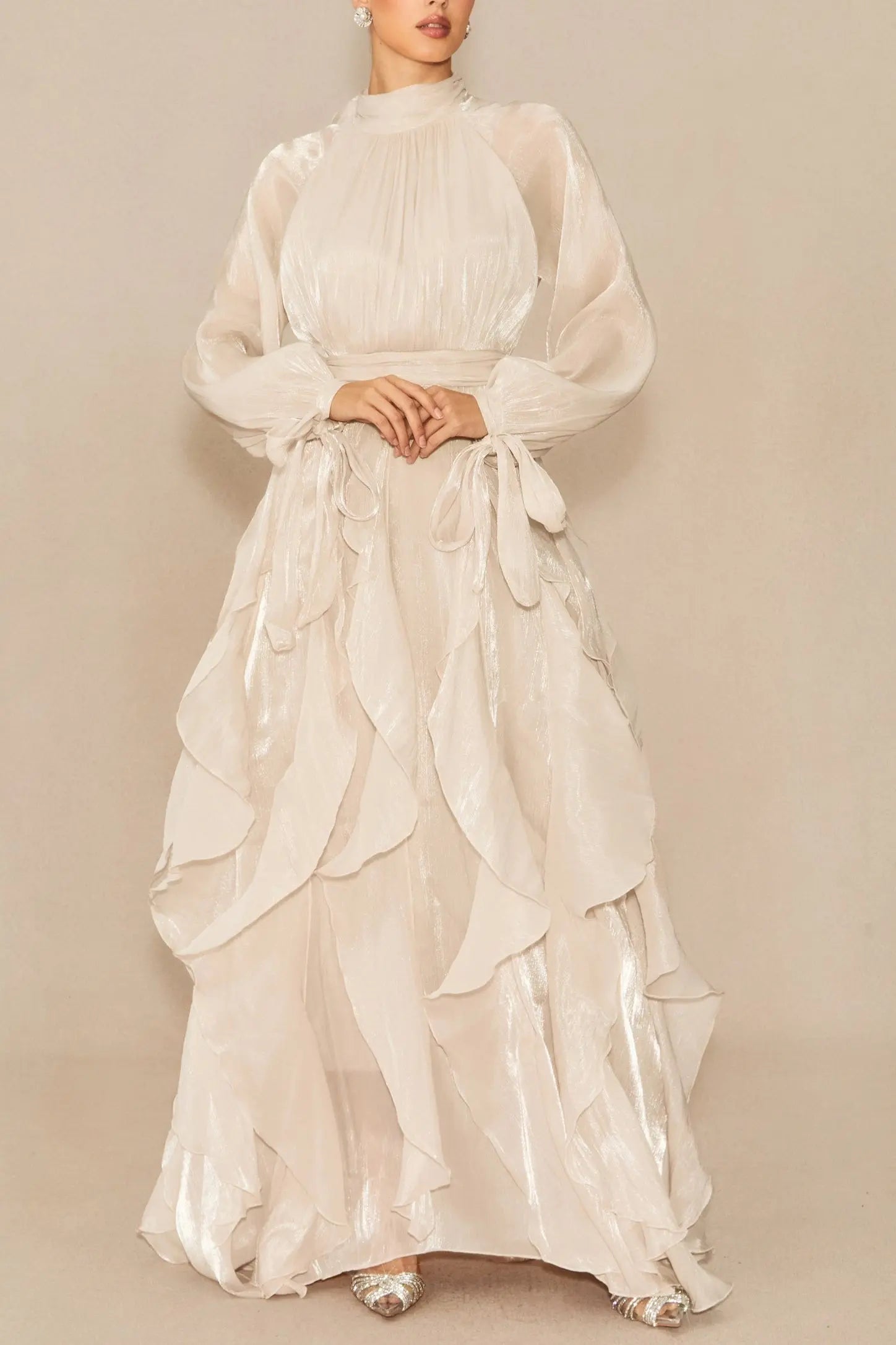 Puff Sleeve Ruffle Trim Maxi Dress in Apricot