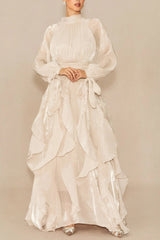 Puff Sleeve Ruffle Trim Maxi Dress in Apricot