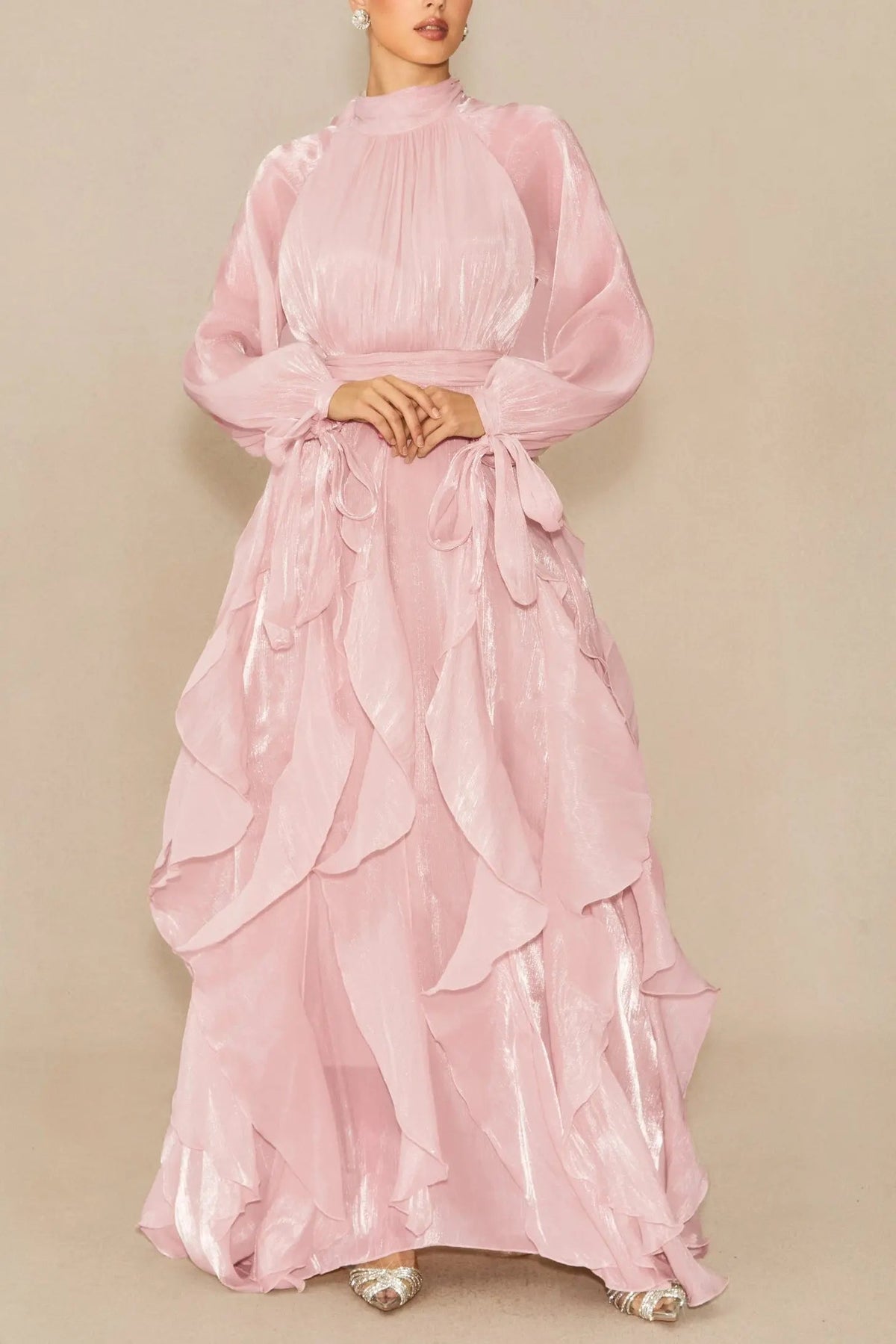 Puff Sleeve Ruffle Trim Maxi Dress in Pink