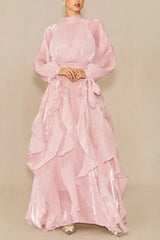 Puff Sleeve Ruffle Trim Maxi Dress in Pink