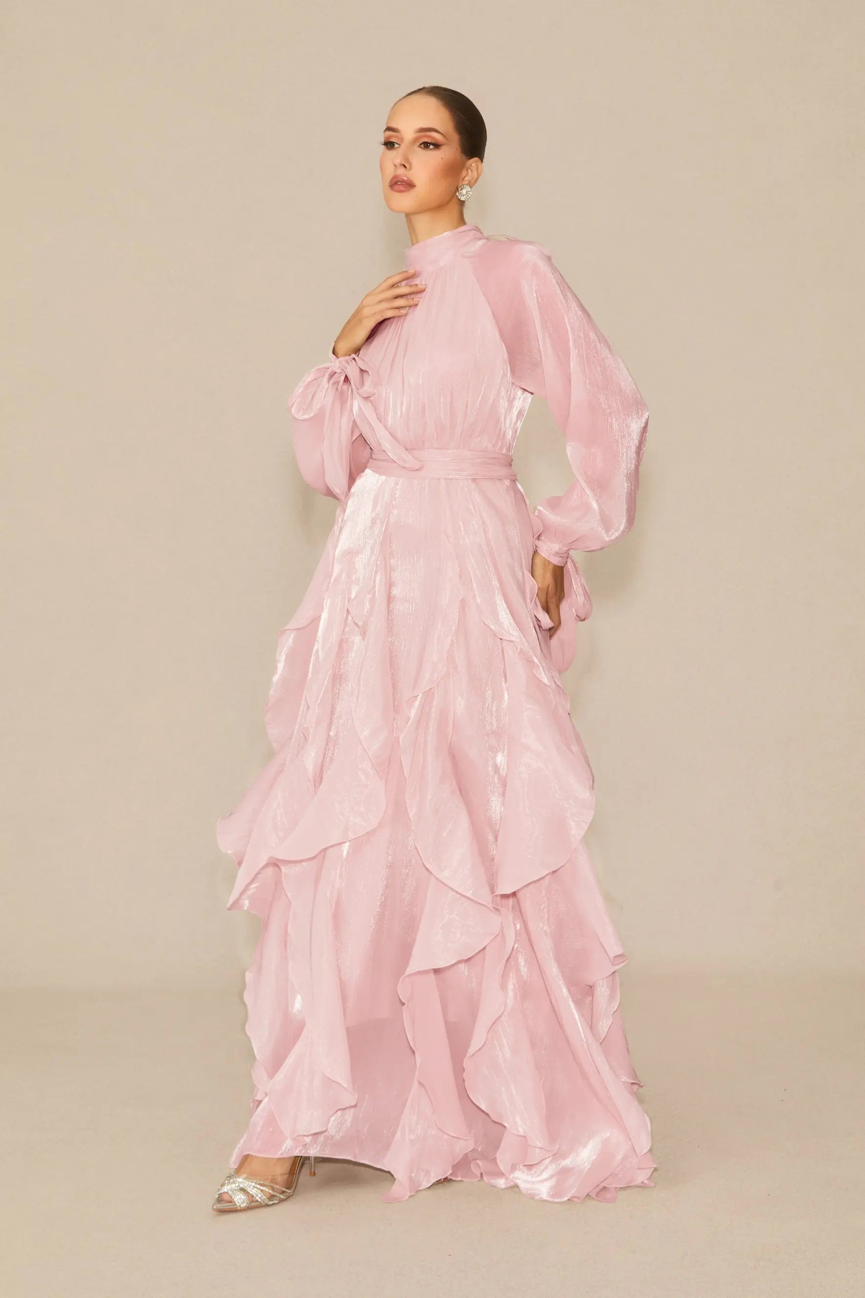 Puff Sleeve Ruffle Trim Maxi Dress in Pink