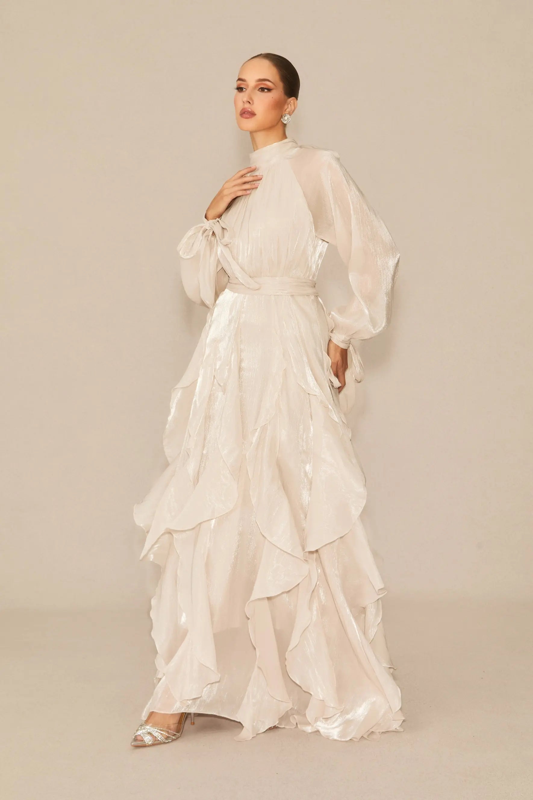 Puff Sleeve Ruffle Trim Maxi Dress in Apricot