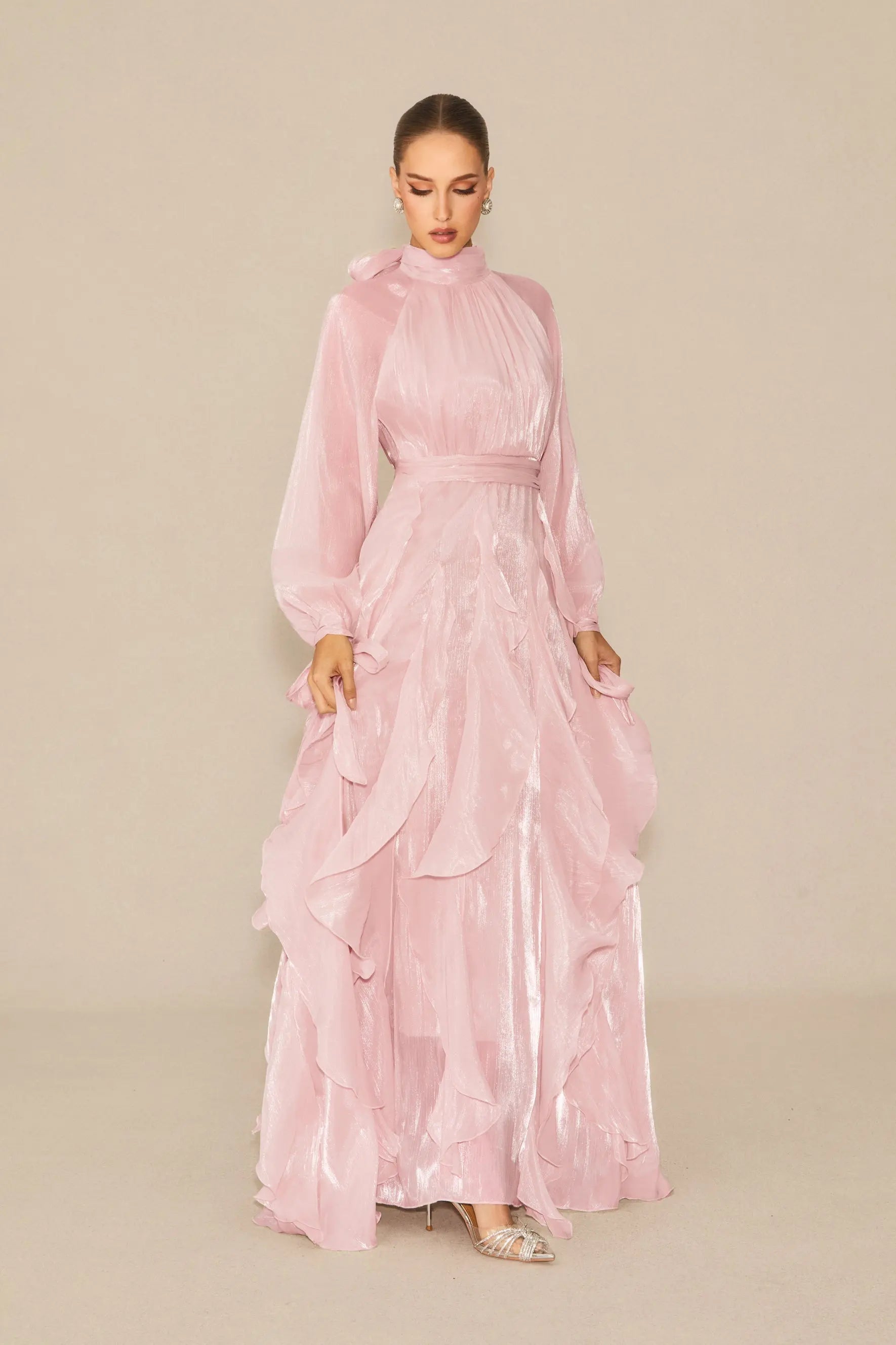 Puff Sleeve Ruffle Trim Maxi Dress in Pink