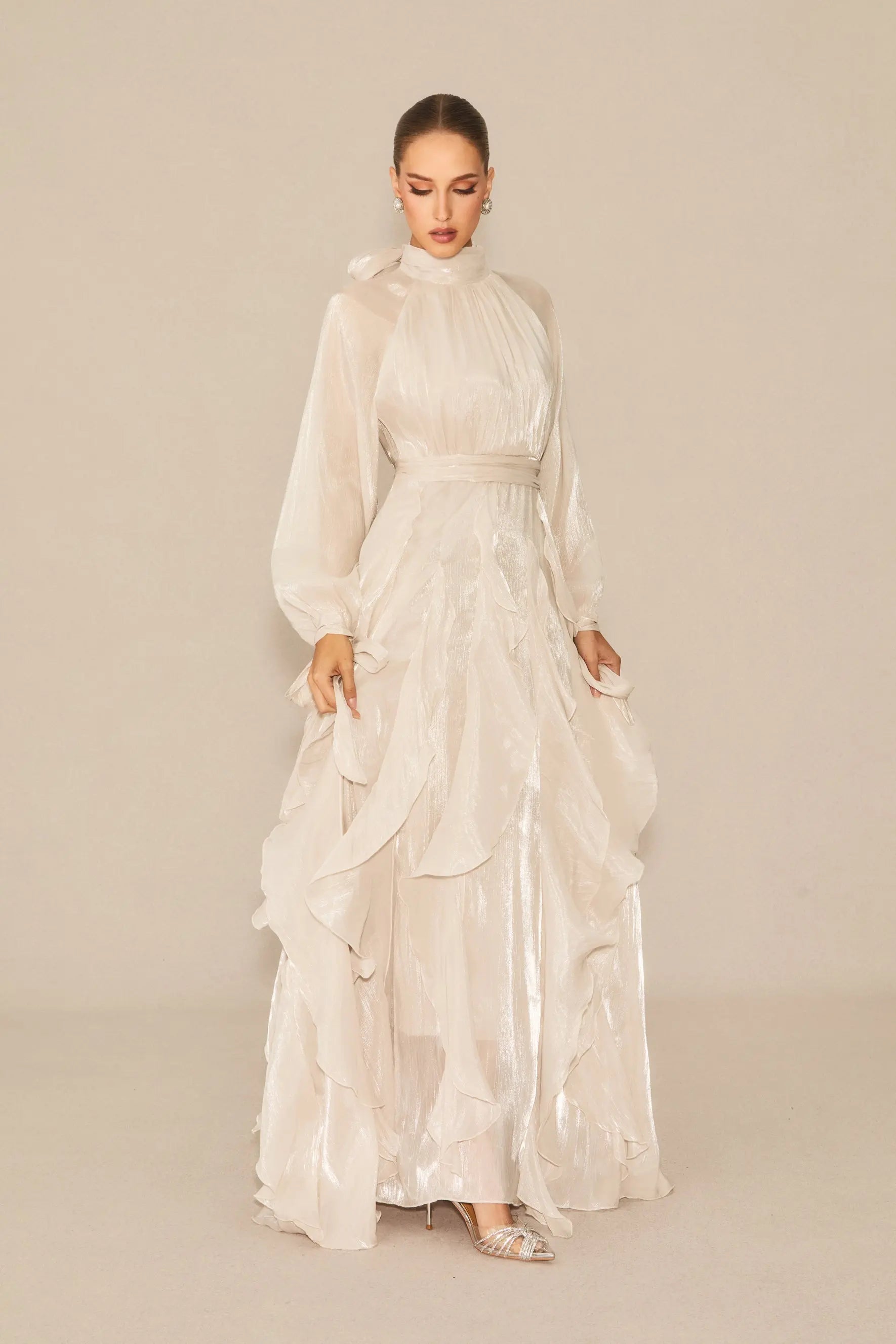Puff Sleeve Ruffle Trim Maxi Dress in Apricot