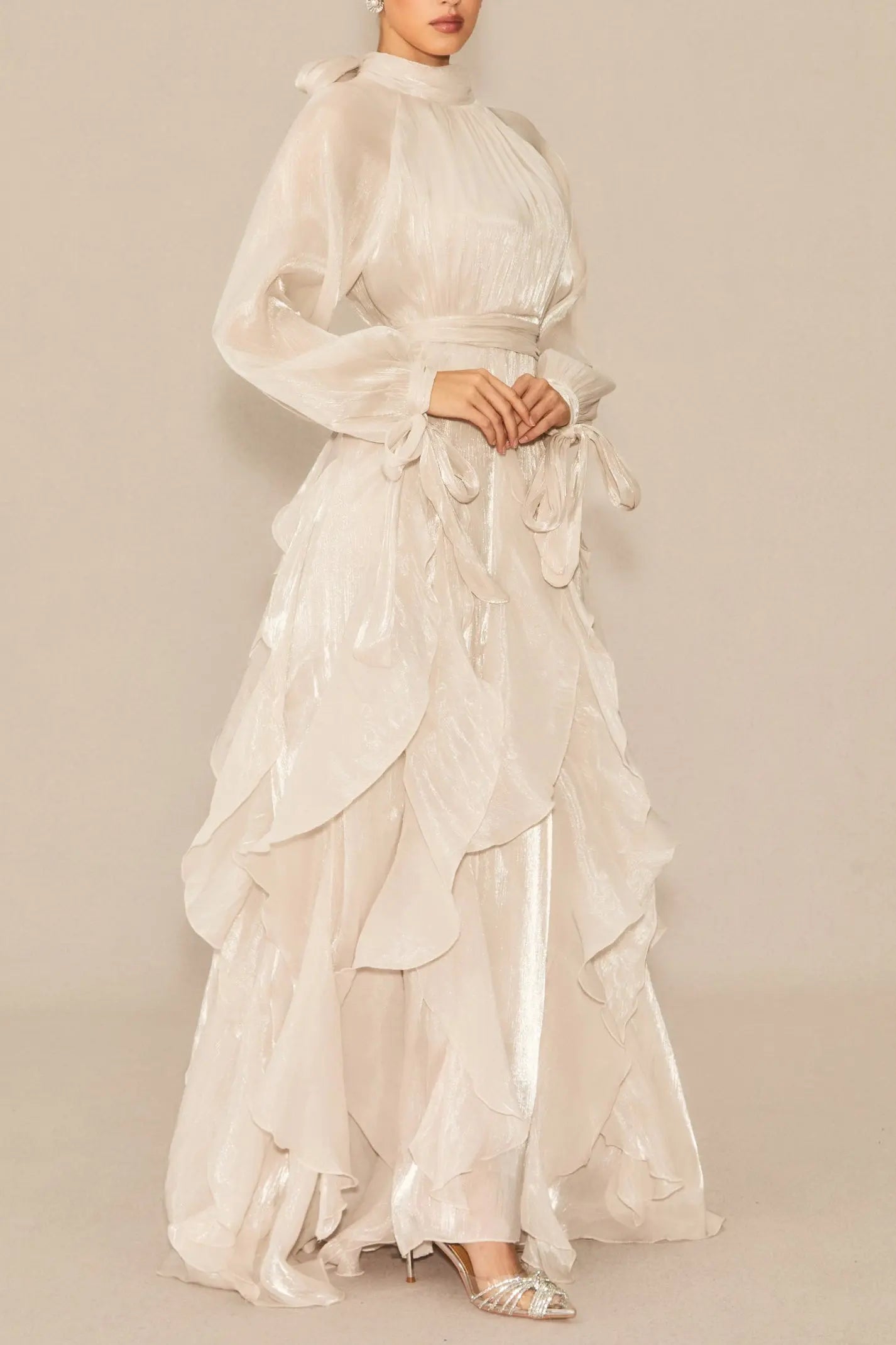 Puff Sleeve Ruffle Trim Maxi Dress in Apricot