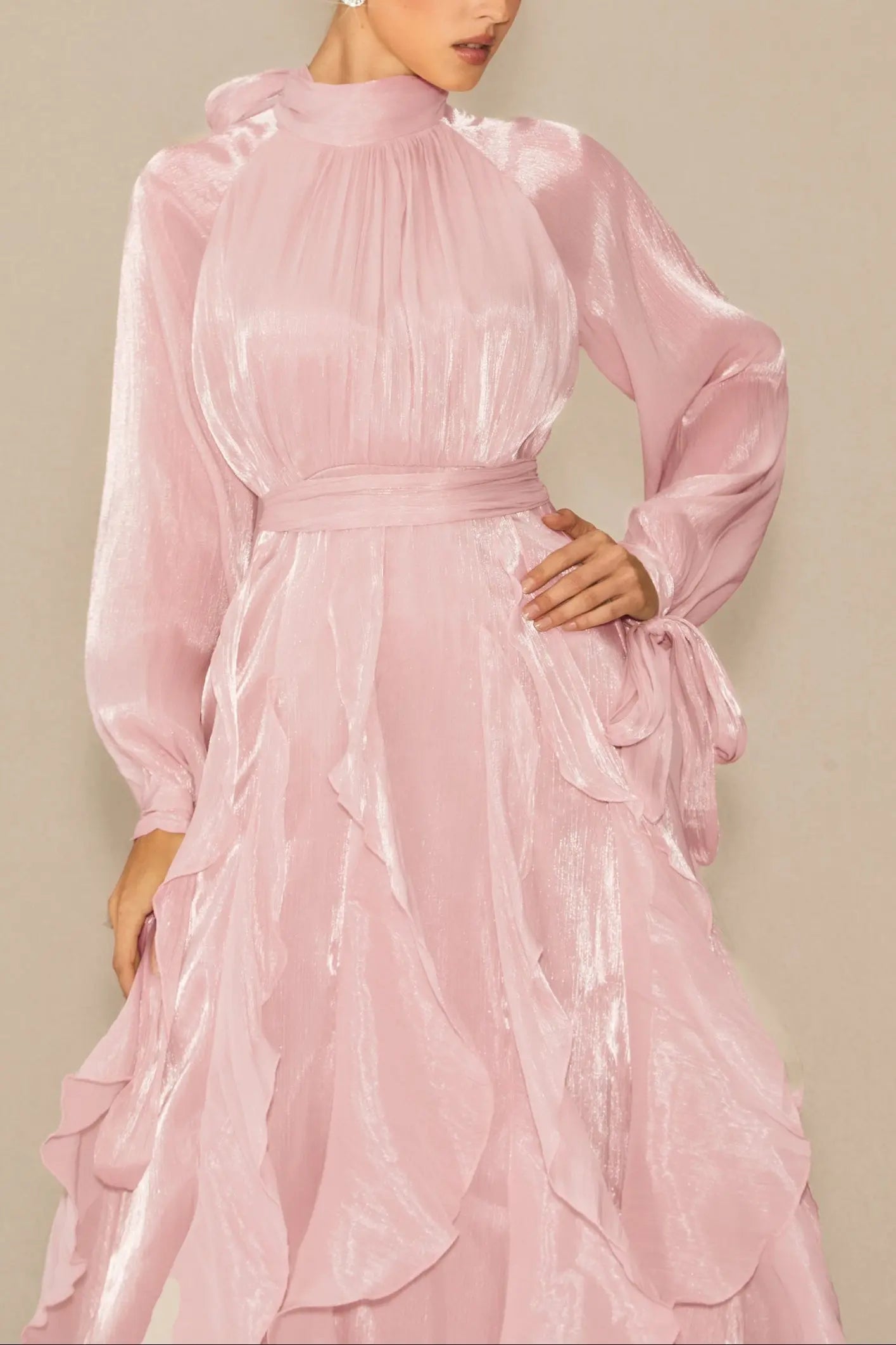 Puff Sleeve Ruffle Trim Maxi Dress in Pink