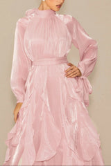 Puff Sleeve Ruffle Trim Maxi Dress in Pink